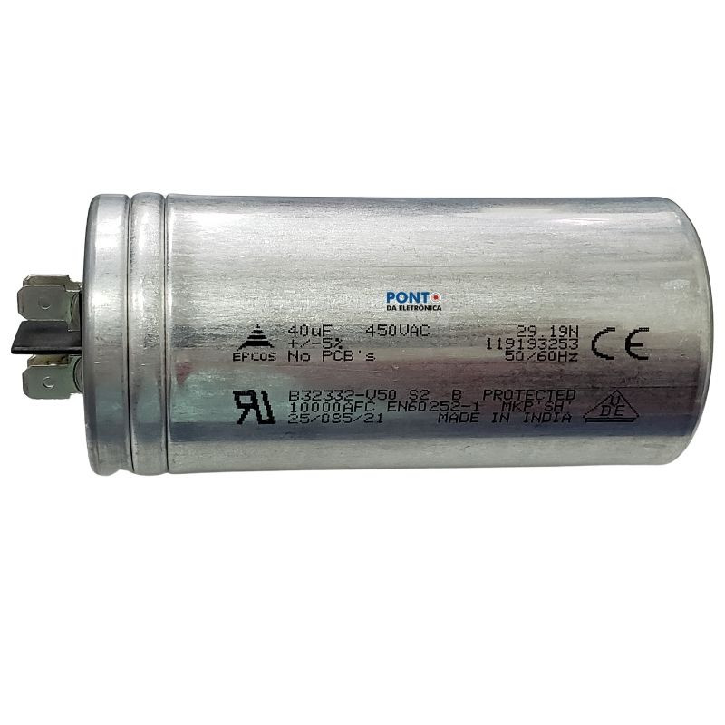 Capacitor Polipropileno 40uF x 450Vac 50/60Hz Alumínio Faston Epcos