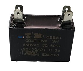 Capacitor Polipropileno 2uF x 450Vac 50/60Hz Plástico Faston CBB61 TK