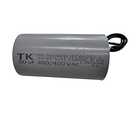 Capacitor Polipropileno 50uF x 380/400Vac 50/60Hz Plástico Fio CBB60 TK